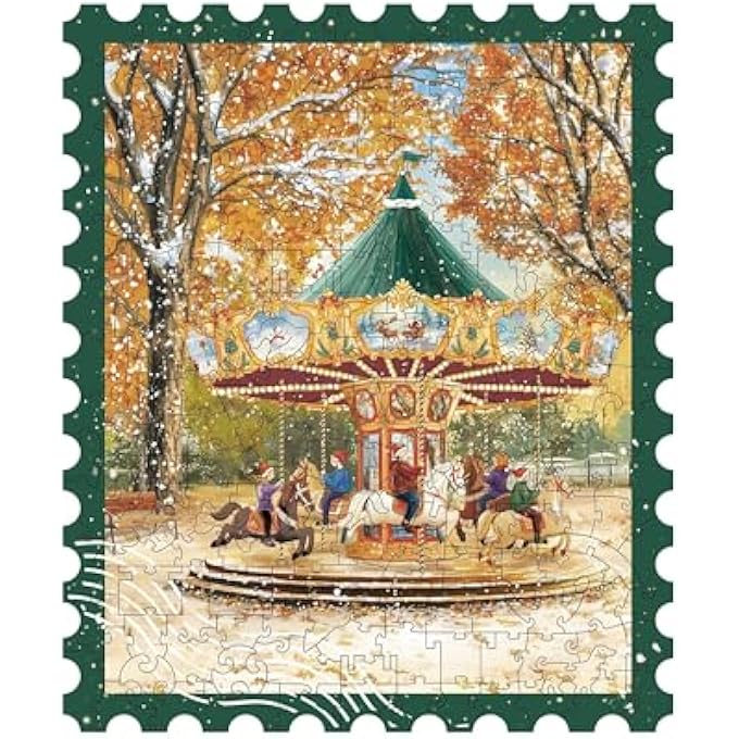 WOODEN CHRISTMAS TOWN 3D JIGSAW PUZZLE, DIY MODEL KIT FOR ADULTS, 32 X 24 X 5 CM, ADVANCED SKILL LEVEL (GOLDEN AUTUMN CAROUSEL) - Image 1